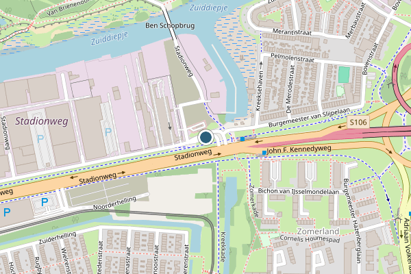 Politie-melding op Stadionweg, Rotterdam op 9 mei, kaart-overzicht