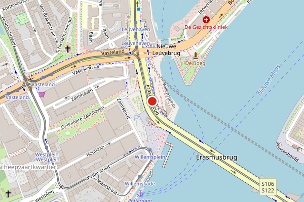 Brandweer-melding op Erasmusbrug Erasmusbrug, Rotterdam op 3 augustus, kaart-overzicht